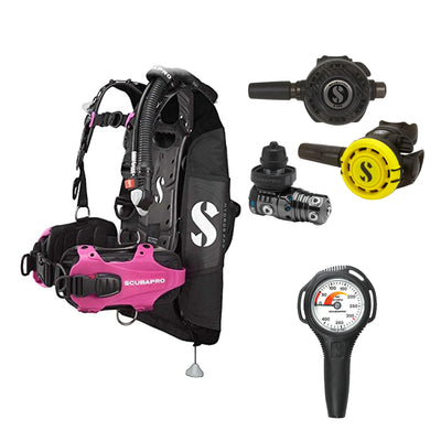 SCUBAPRO MK25 EVO / G260 CBT regulator set with R105 octopus and Hydros Pro Ladies BCD in pink, with Compact SPG