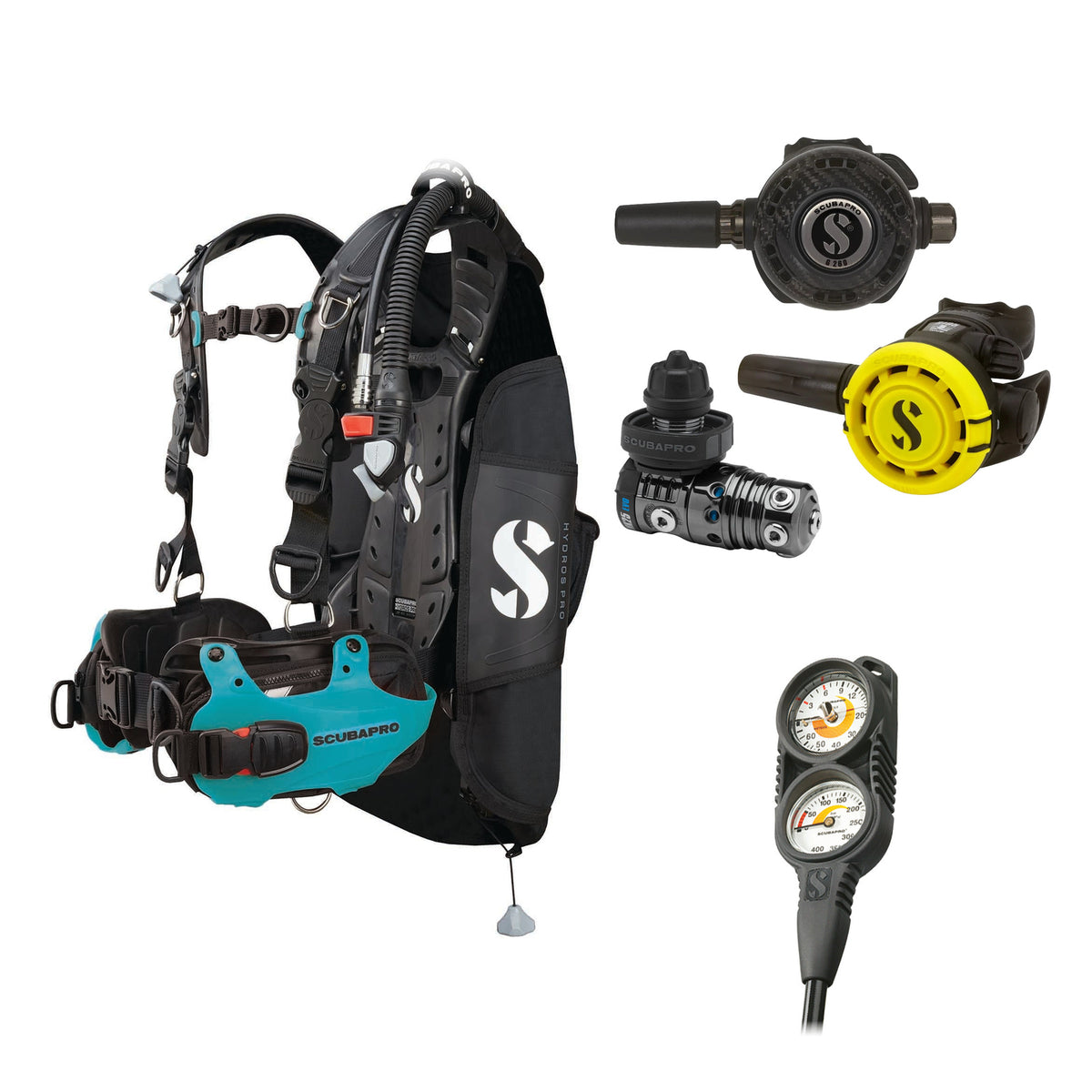SCUBAPRO MK25 EVO / G260 CBT regulator set with R105 octopus and Hydros Pro Ladies BCD in turquoise, with Compact Combo 2