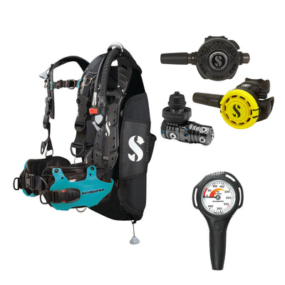 SCUBAPRO MK25 EVO / G260 CBT regulator set with R105 octopus and Hydros Pro Ladies BCD in turquoise, with Compact SPG