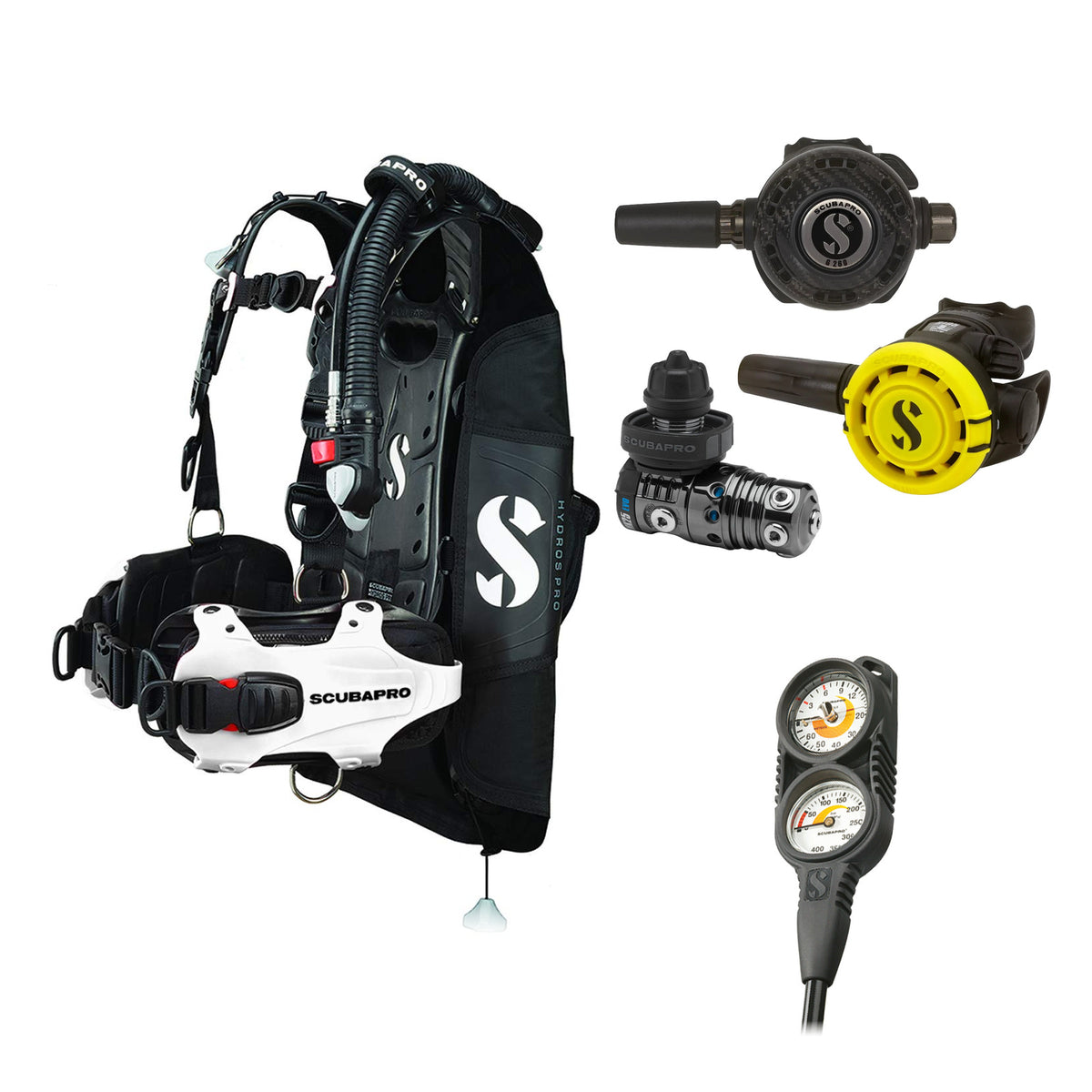 SCUBAPRO MK25 EVO / G260 CBT regulator set with R105 octopus and Hydros Pro Ladies BCD in white, with Compact Combo 2