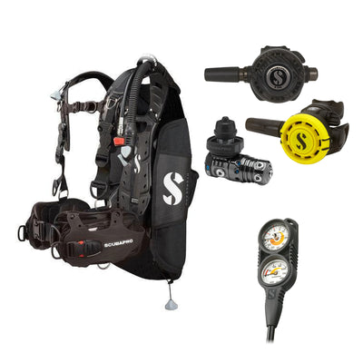 SCUBAPRO MK25 EVO / G260 CBT regulator set with R105 octopus and Hydros Pro Mens BCD in all black, with Compact Combo 2