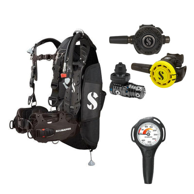 SCUBAPRO MK25 EVO / G260 CBT regulator set with R105 octopus and Hydros Pro Mens BCD in all black, with Compact SPG
