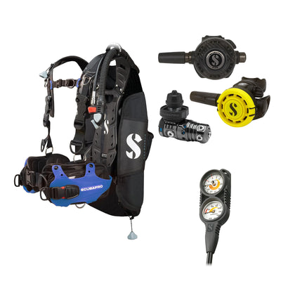 SCUBAPRO MK25 EVO / G260 CBT regulator set with R105 octopus and Hydros Pro Mens BCD in blue, with Compact Combo 2