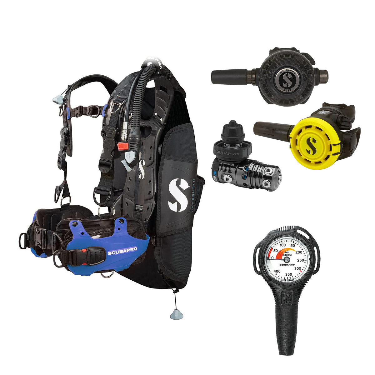 SCUBAPRO MK25 EVO / G260 CBT regulator set with R105 octopus and Hydros Pro Mens BCD in blue, with Compact SPG