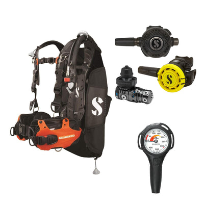 SCUBAPRO MK25 EVO / G260 CBT regulator set with R105 octopus and Hydros Pro Mens BCD in orange, with Compact SPG
