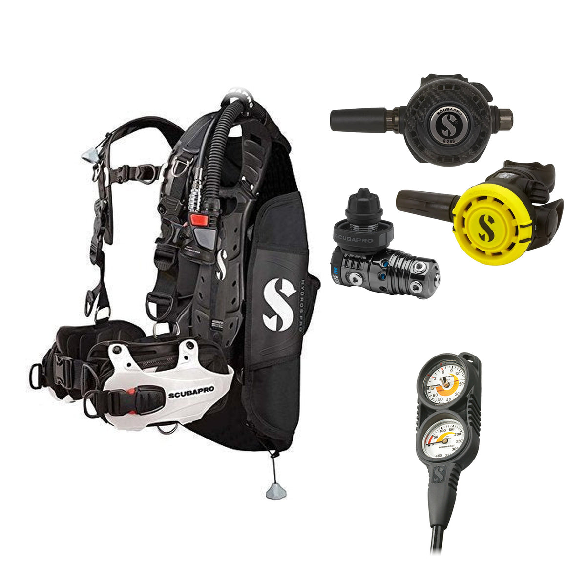 SCUBAPRO MK25 EVO / G260 CBT regulator set with R105 octopus and Hydros Pro Mens BCD in white, with Compact Combo 2