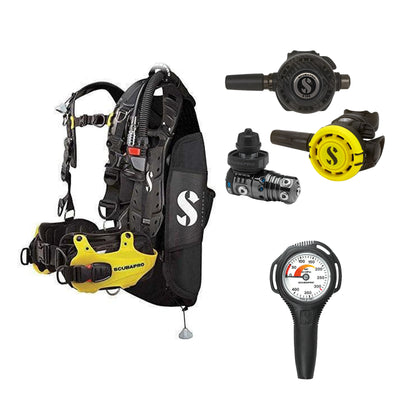 SCUBAPRO MK25 EVO / G260 CBT regulator set with R105 octopus and Hydros Pro Mens BCD in yellow, with Compact SPG