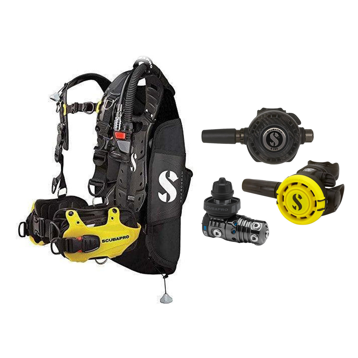 SCUBAPRO MK25 EVO / G260 CBT regulator set with R105 octopus and Hydros Pro Mens BCD in yellow