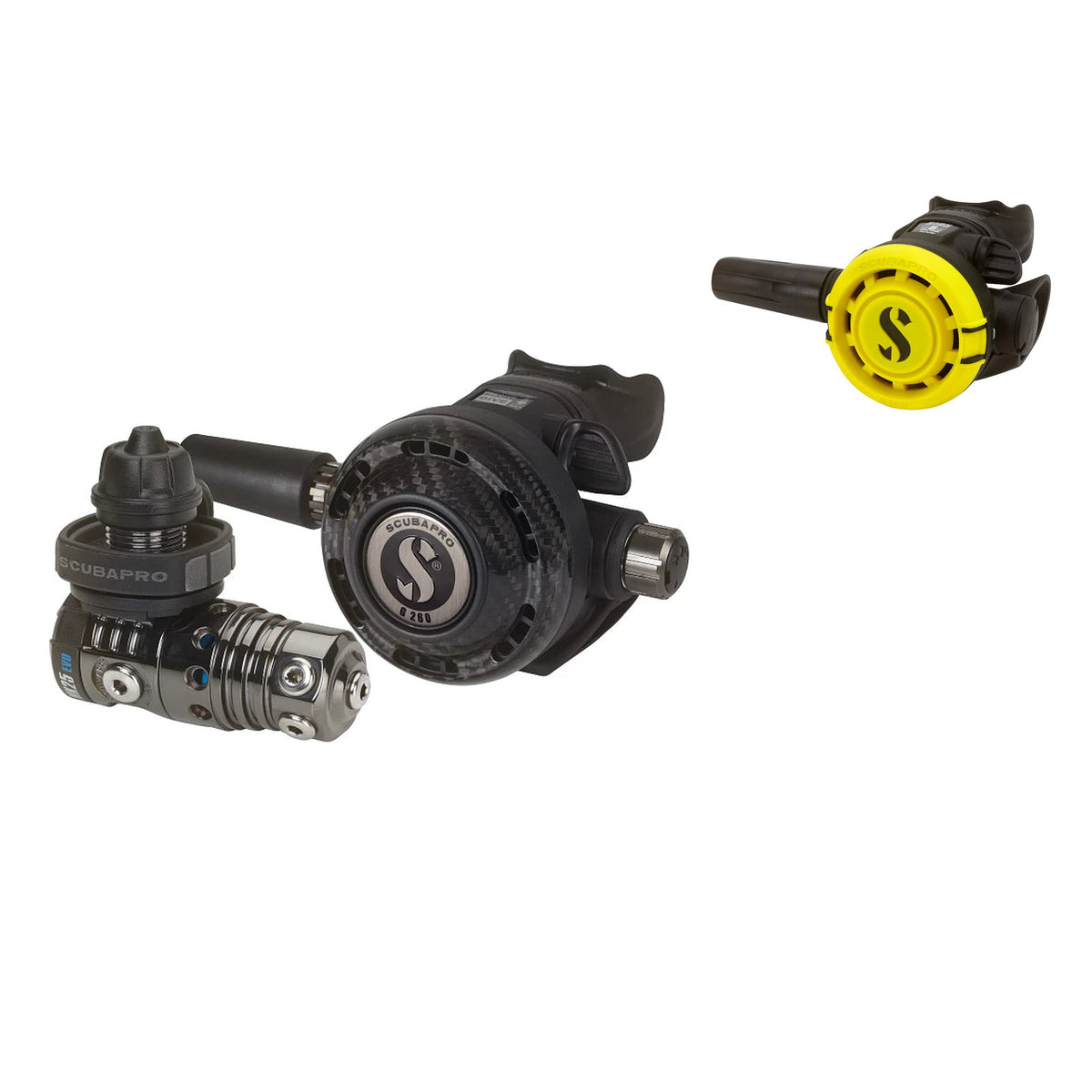 SCUBAPRO MK25 EVO BT / G260 Carbon Black Tech regulator with yellow R105 octopus