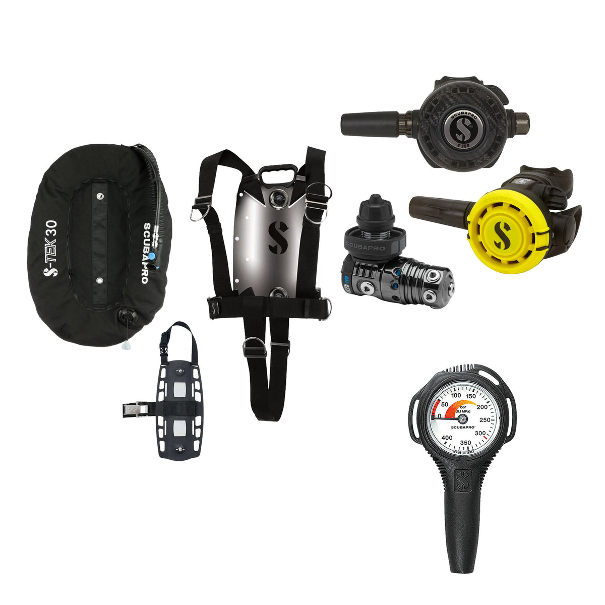 SCUBAPRO MK25 EVO / G260 CBT regulator set with R105 octopus and S-TEK Pure BCD (stainless steel)