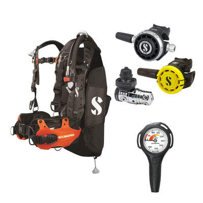 SCUBAPRO MK25 EVO / G260 regulator set with R105 octopus and Hydros Pro Ladies BCD in orange, with Compact SPG