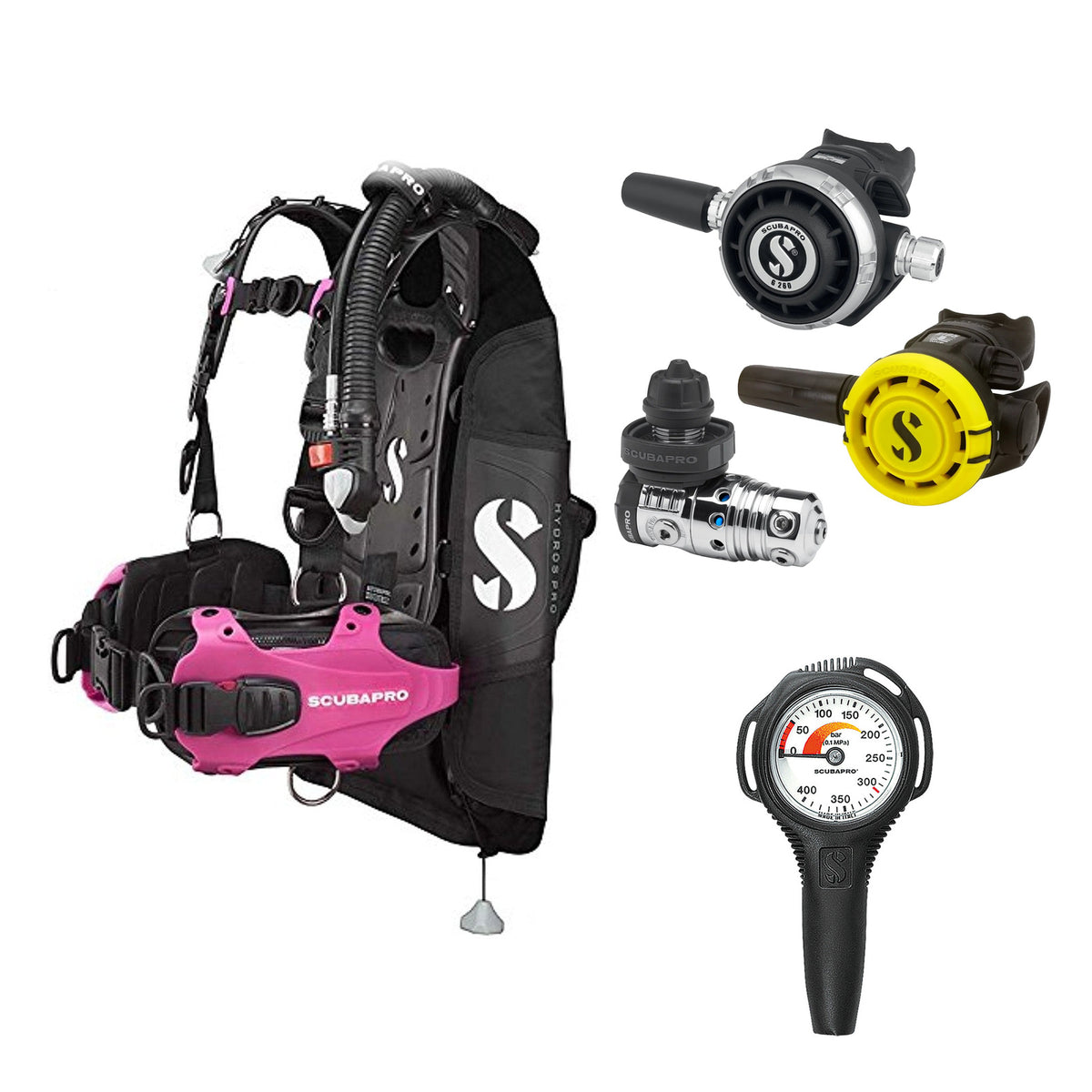 SCUBAPRO MK25 EVO / G260 regulator set with R105 octopus and Hydros Pro Ladies BCD in pink, with Compact SPG