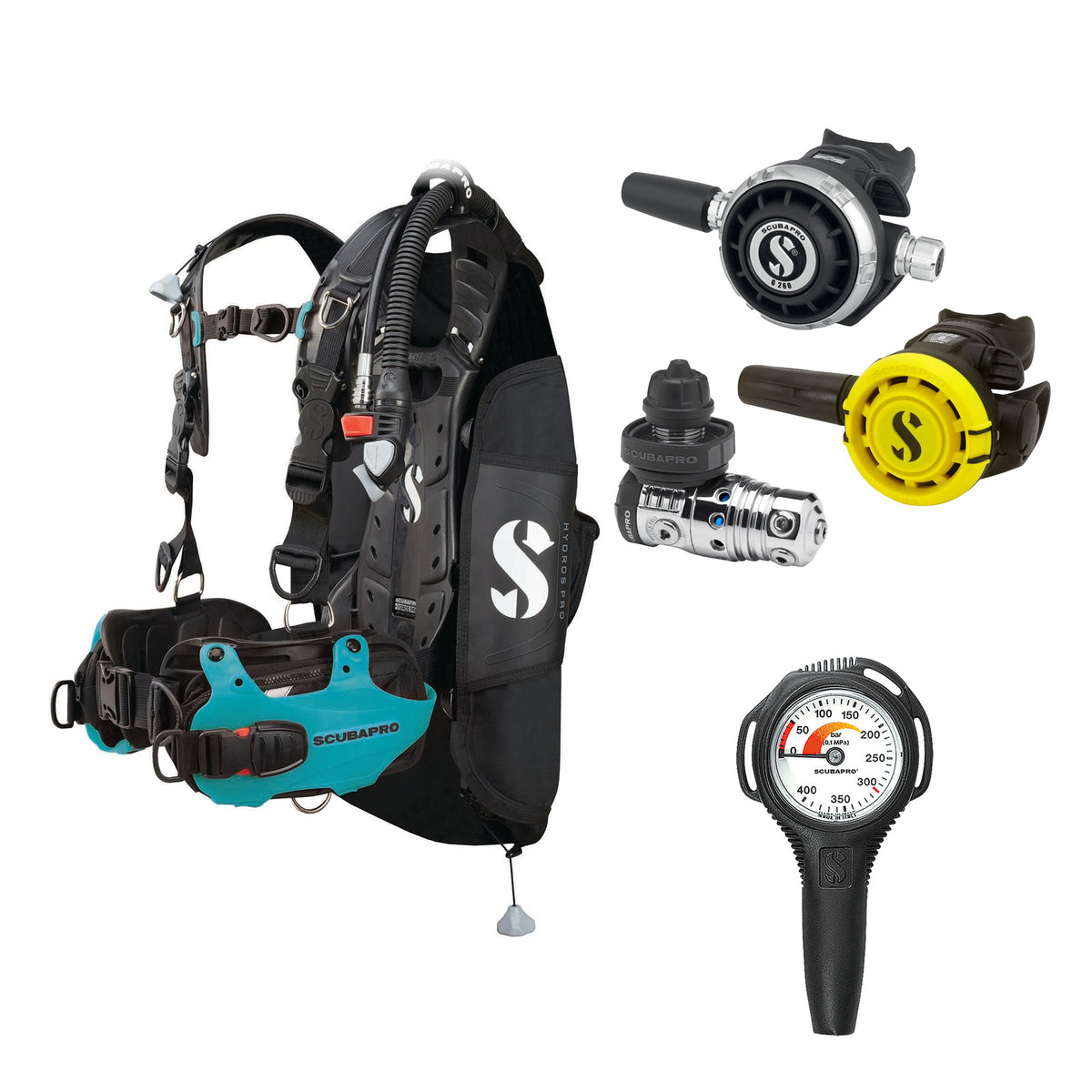 SCUBAPRO MK25 EVO / G260 regulator set with R105 octopus and Hydros Pro Ladies BCD in turquoise, with Compact SPG