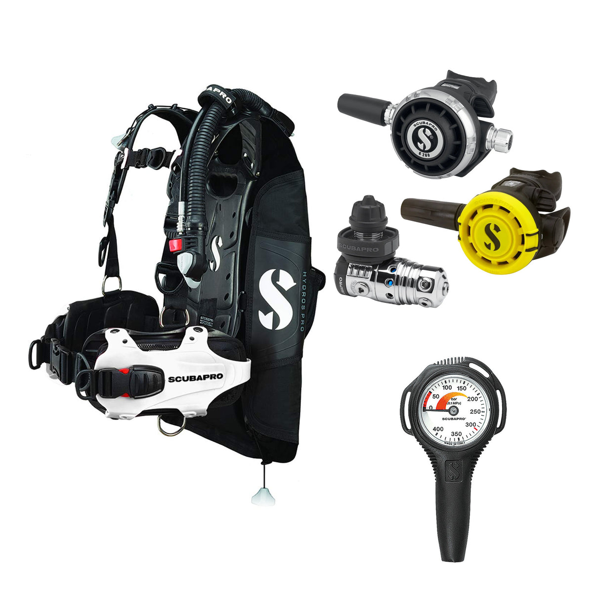 SCUBAPRO MK25 EVO / G260 regulator set with R105 octopus and Hydros Pro Ladies BCD in white, with Compact SPG