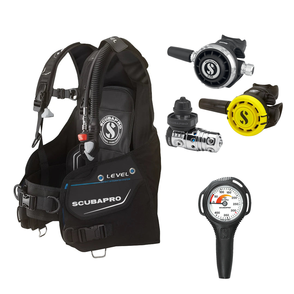 SCUBAPRO MK25 EVO / G260 regulator set with R105 octopus and Level BCD, with Compact SPG