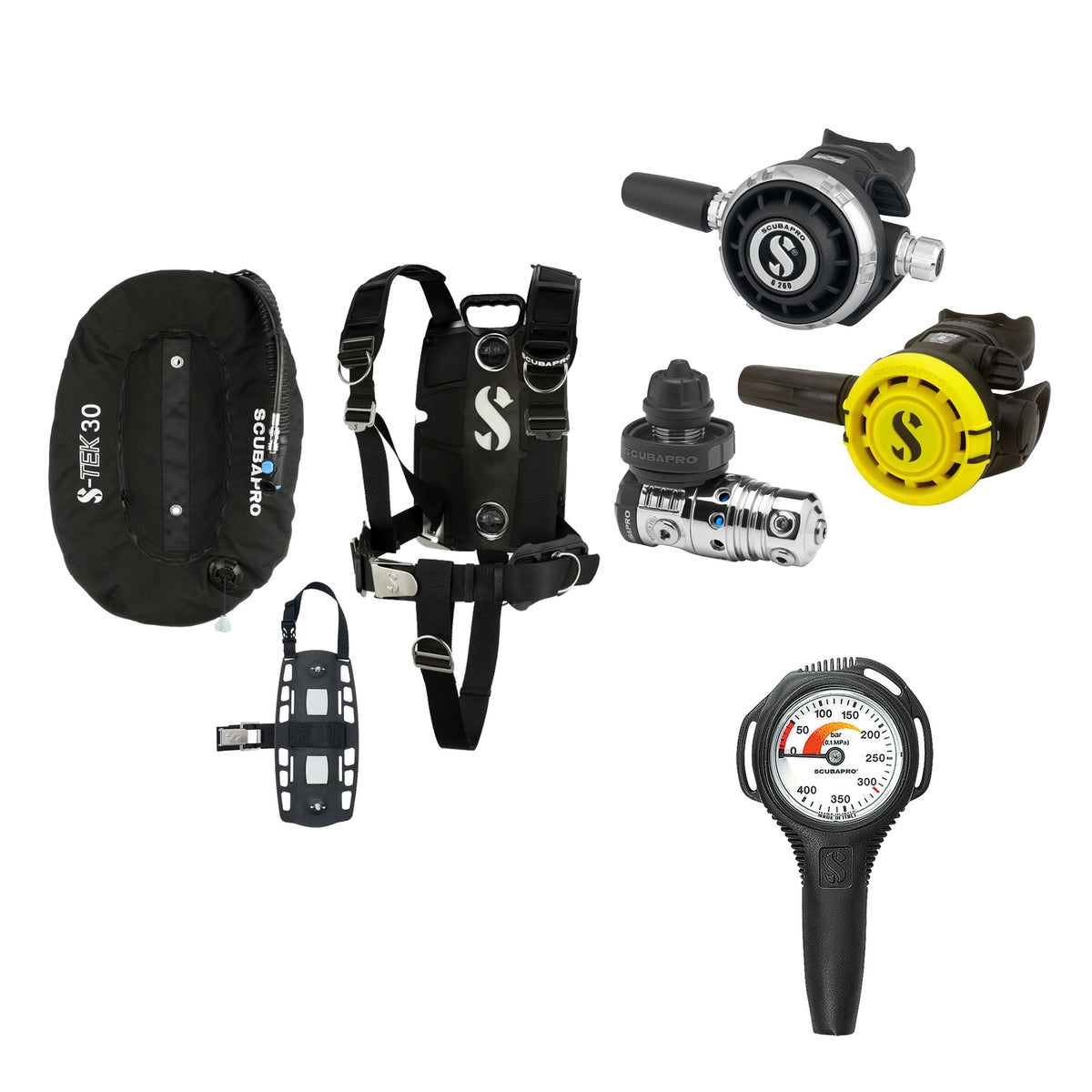 SCUBAPRO MK25 EVO / G260 regulator set with R105 octopus and S-TEK Pro BCD (stainless steel)