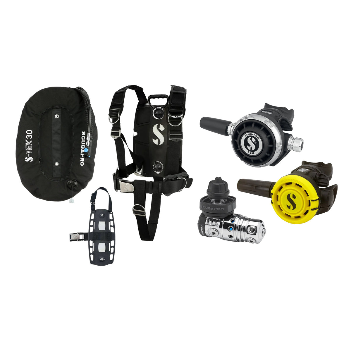 SCUBAPRO MK25 EVO / G260 regulator set with R105 octopus and S-TEK Pro BCD (stainless steel)