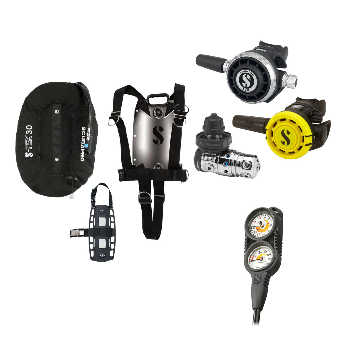 SCUBAPRO MK25 EVO / G260 regulator set with R105 octopus and S-TEK Pure BCD (stainless steel)