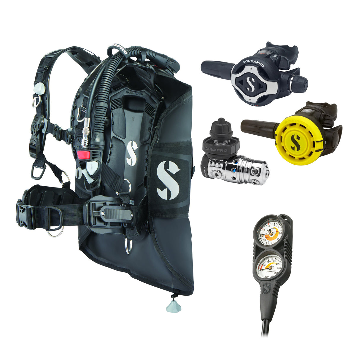 SCUBAPRO MK25 EVO / S620Ti regulator set with R105 octopus and Hydros Pro 2 BCD, with Compact Combo 2