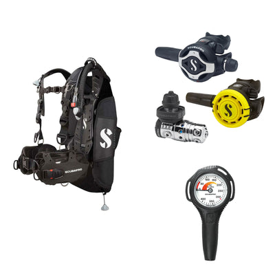 SCUBAPRO MK25 EVO / S620Ti regulator set with R105 octopus and Hydros Pro Ladies BCD in black, with Compact SPG