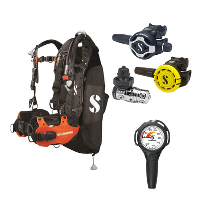 SCUBAPRO MK25 EVO / S620Ti regulator set with R105 octopus and Hydros Pro Ladies BCD in orange, with Compact SPG