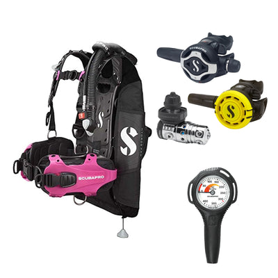 SCUBAPRO MK25 EVO / S620Ti regulator set with R105 octopus and Hydros Pro Ladies BCD in pink, with Compact SPG