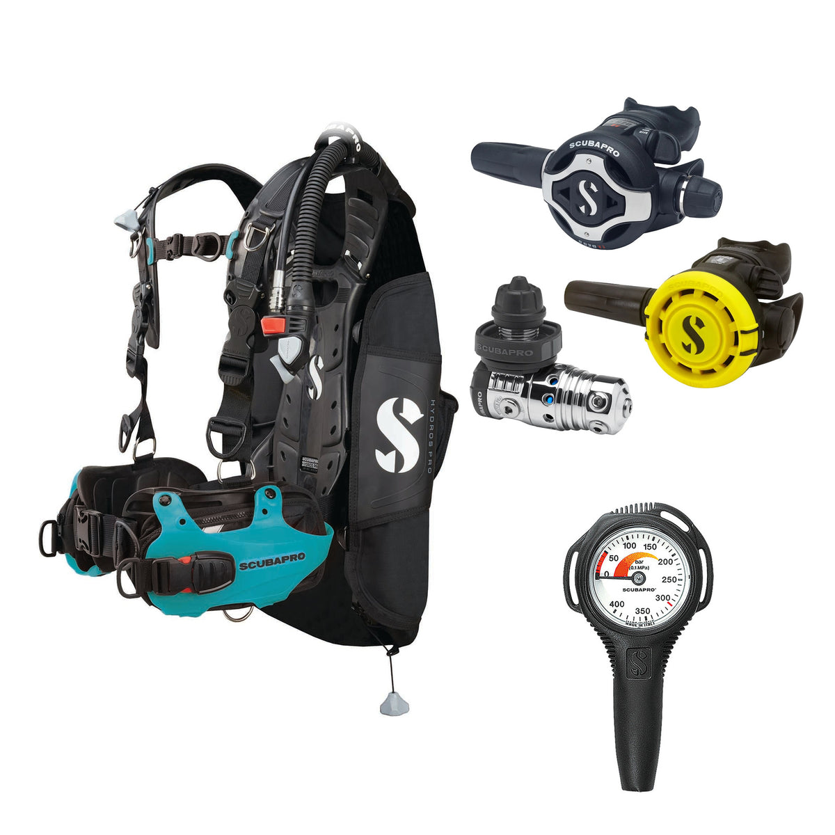 SCUBAPRO MK25 EVO / S620Ti regulator set with R105 octopus and Hydros Pro Ladies BCD in turquoise, with Compact SPG