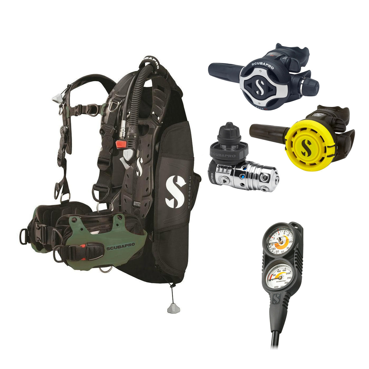 SCUBAPRO MK25 EVO / S620Ti regulator set with R105 octopus and Hydros Pro Mens BCD in army green, with Compact Combo 2