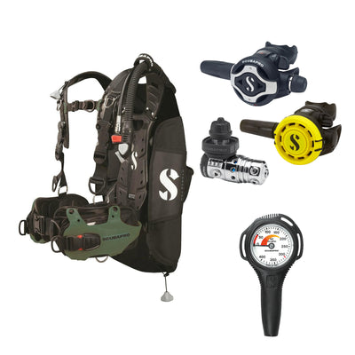 SCUBAPRO MK25 EVO / S620Ti regulator set with R105 octopus and Hydros Pro Mens BCD in army green, with Compact SPG