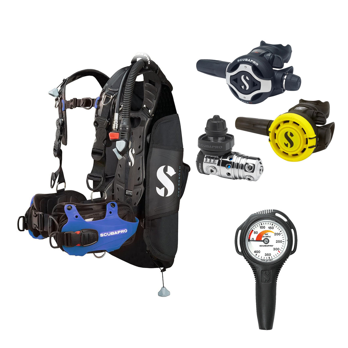 SCUBAPRO MK25 EVO / S620Ti regulator set with R105 octopus and Hydros Pro Mens BCD in blue, with Compact SPG