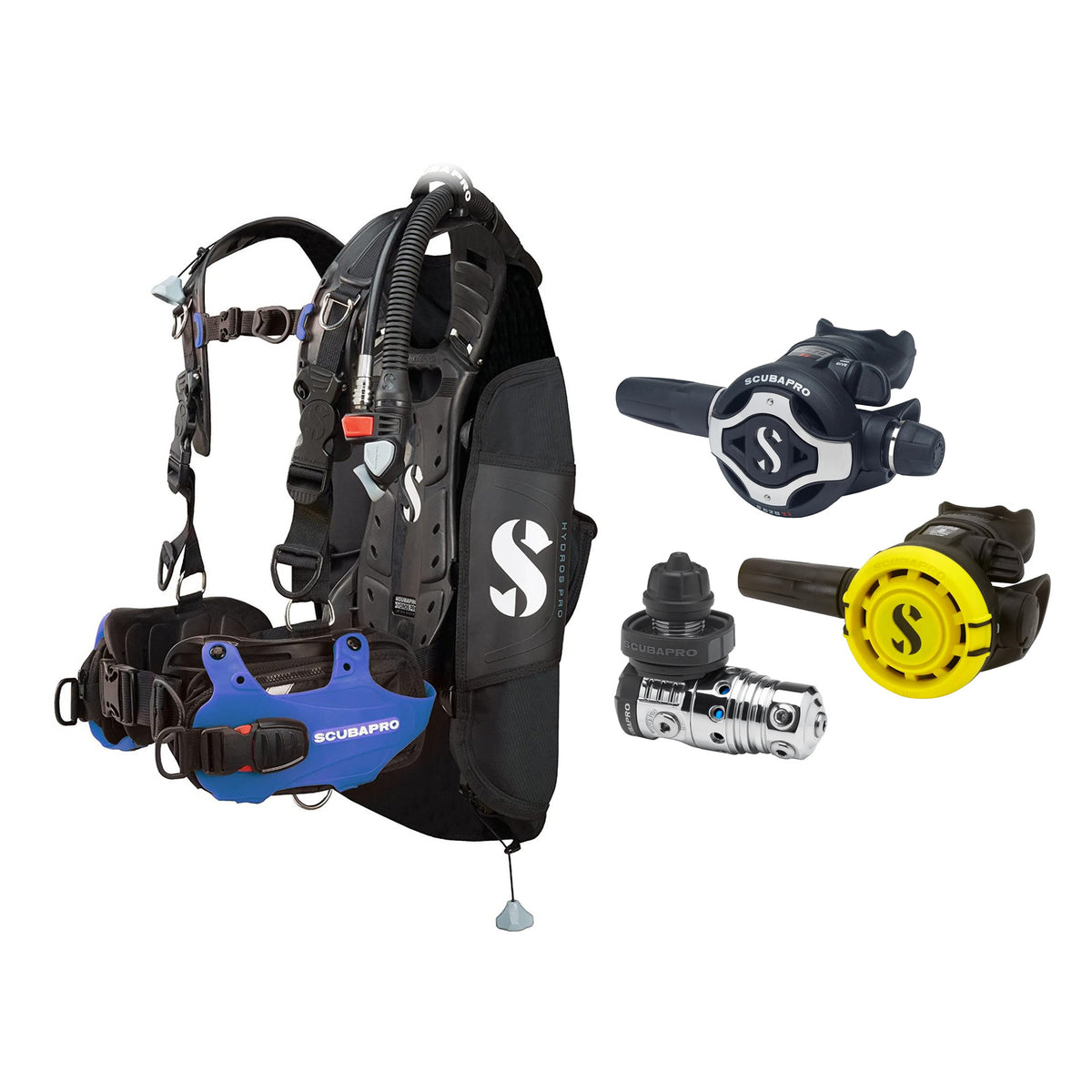 SCUBAPRO MK25 EVO / S620Ti regulator set with R105 octopus and Hydros Pro Mens BCD in blue