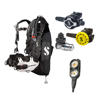 SCUBAPRO MK25 EVO / S620Ti regulator set with R105 octopus and Hydros Pro Mens BCD in white, with Compact Combo 2