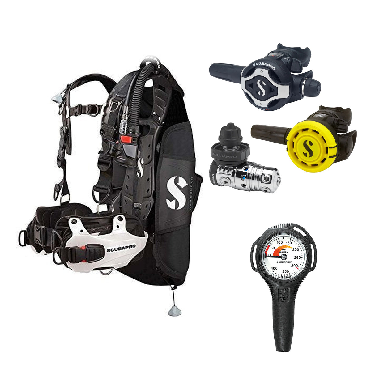 SCUBAPRO MK25 EVO / S620Ti regulator set with R105 octopus and Hydros Pro Mens BCD in white, with Compact SPG