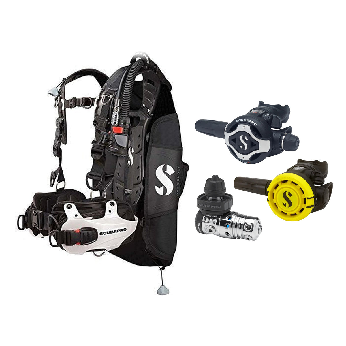 SCUBAPRO MK25 EVO / S620Ti regulator set with R105 octopus and Hydros Pro Mens BCD in white