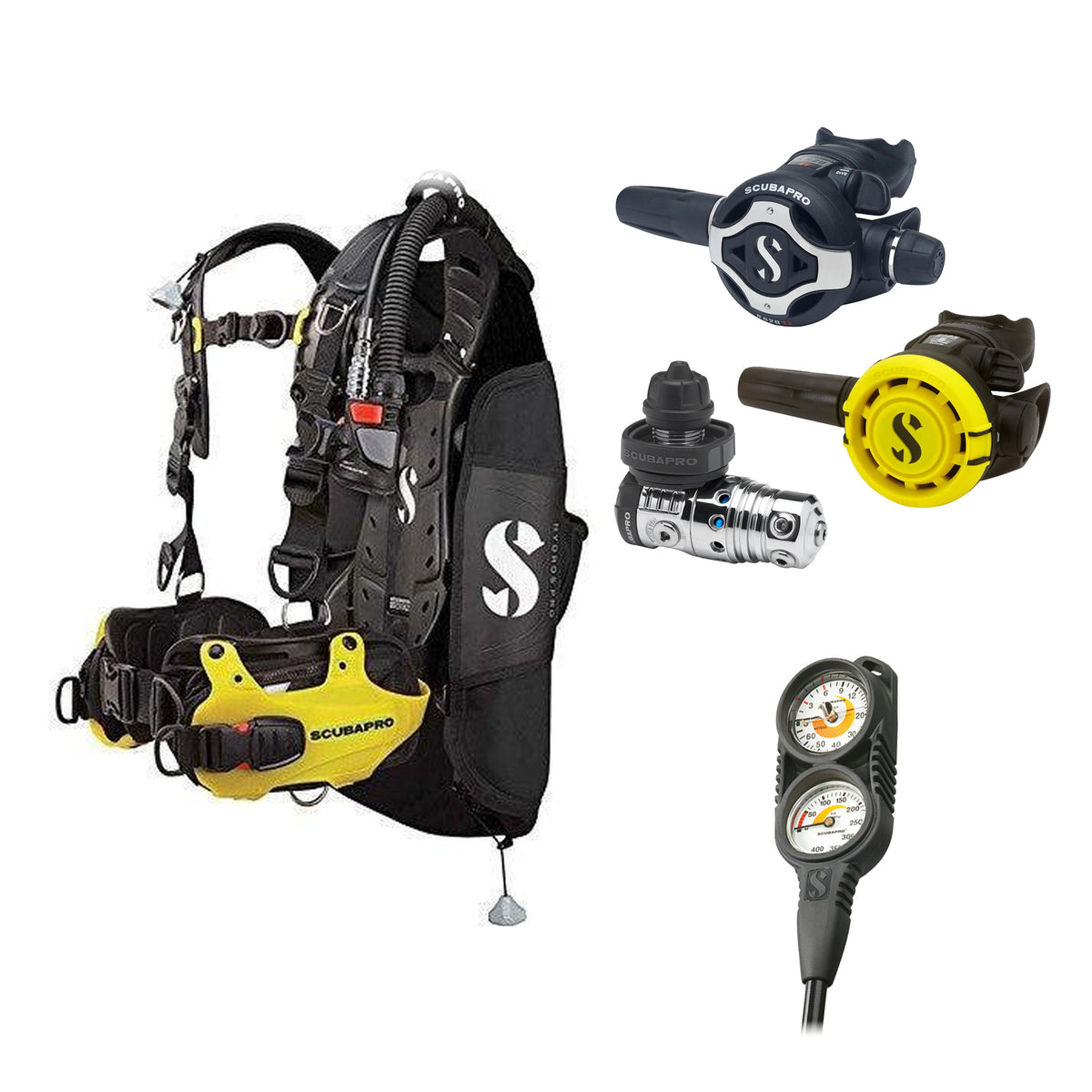 SCUBAPRO MK25 EVO / S620Ti regulator set with R105 octopus and Hydros Pro Mens BCD in yellow, with Compact Combo 2