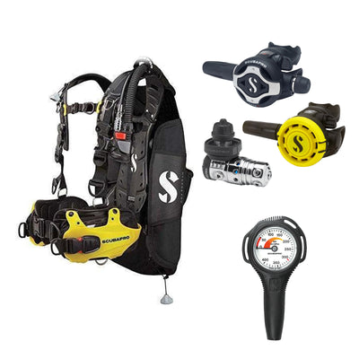 SCUBAPRO MK25 EVO / S620Ti regulator set with R105 octopus and Hydros Pro Mens BCD in yellow, with Compact SPG