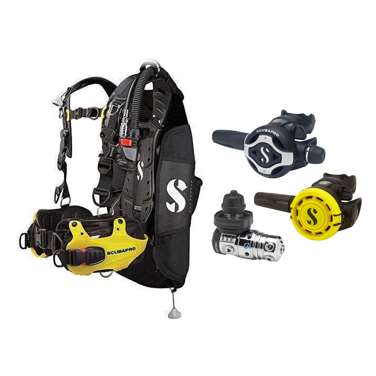 SCUBAPRO MK25 EVO / S620Ti regulator set with R105 octopus and Hydros Pro Mens BCD in yellow