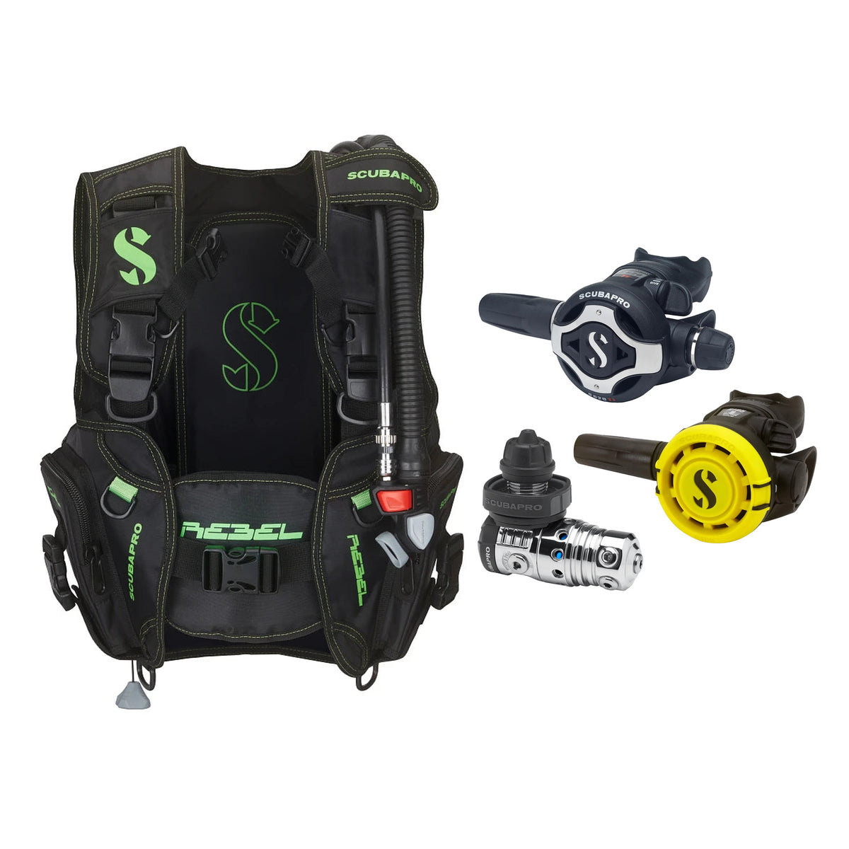 SCUBAPRO MK25 EVO / S620Ti regulator set with R105 octopus and Rebel V2 BCD