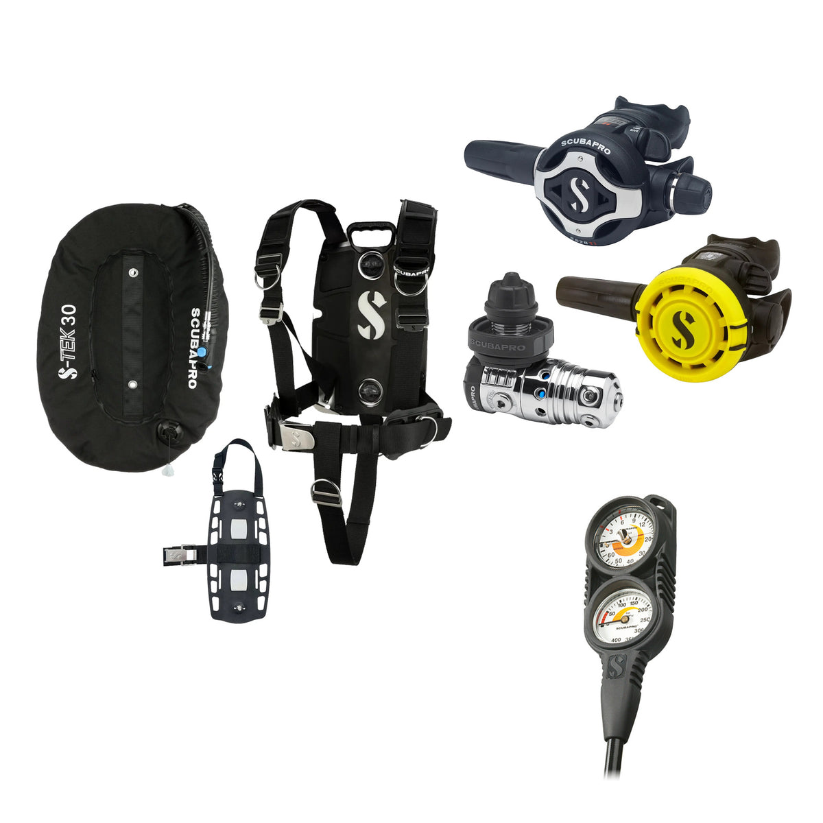 SCUBAPRO MK25 EVO / S620Ti regulator set with R105 octopus and S-TEK Pro BCD (stainless steel)