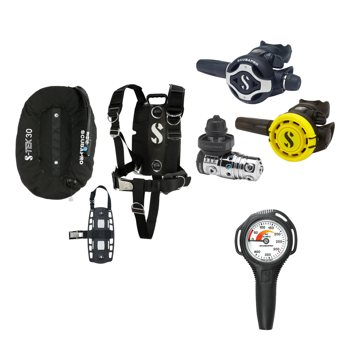 SCUBAPRO MK25 EVO / S620Ti regulator set with R105 octopus and S-TEK Pro BCD (stainless steel)