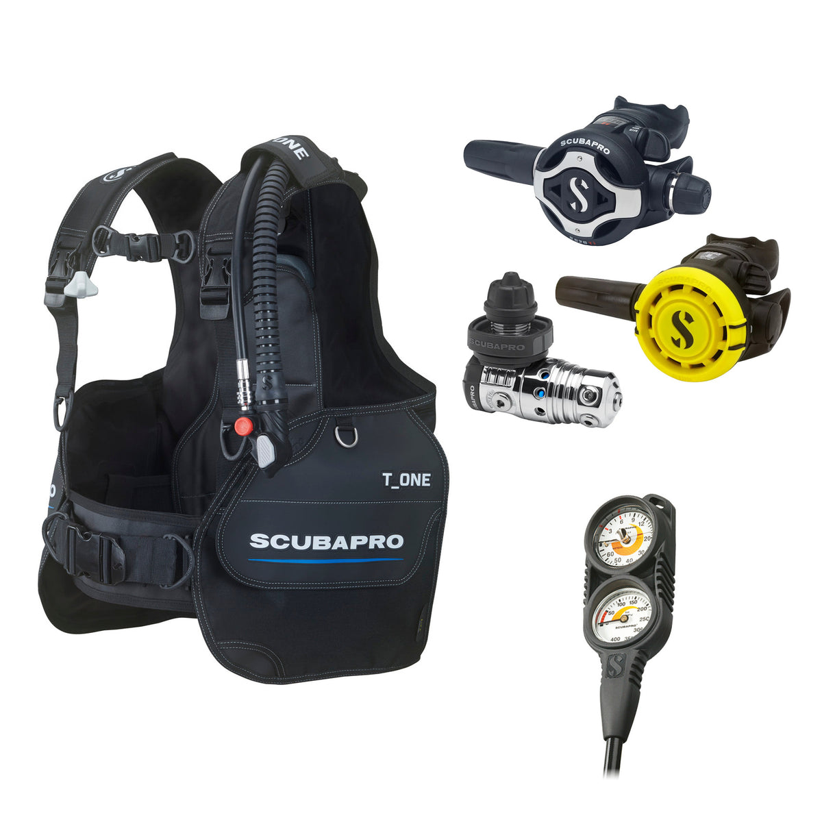 SCUBAPRO MK25 EVO / S620Ti regulator set with R105 octopus and T-One BCD, with Compact Combo 2