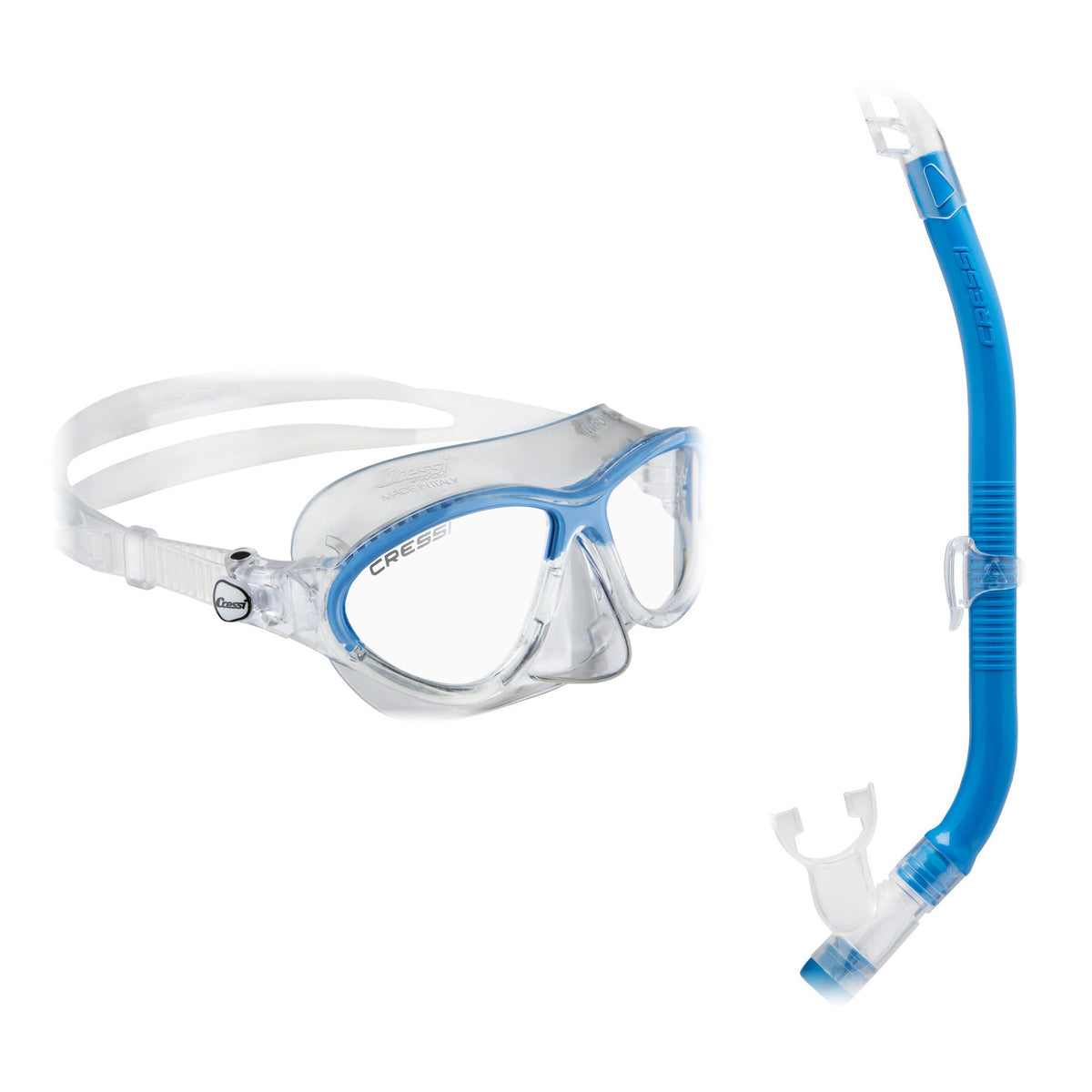 Cressi Moon mask in clear with a blue frame and Top snorkel in blue