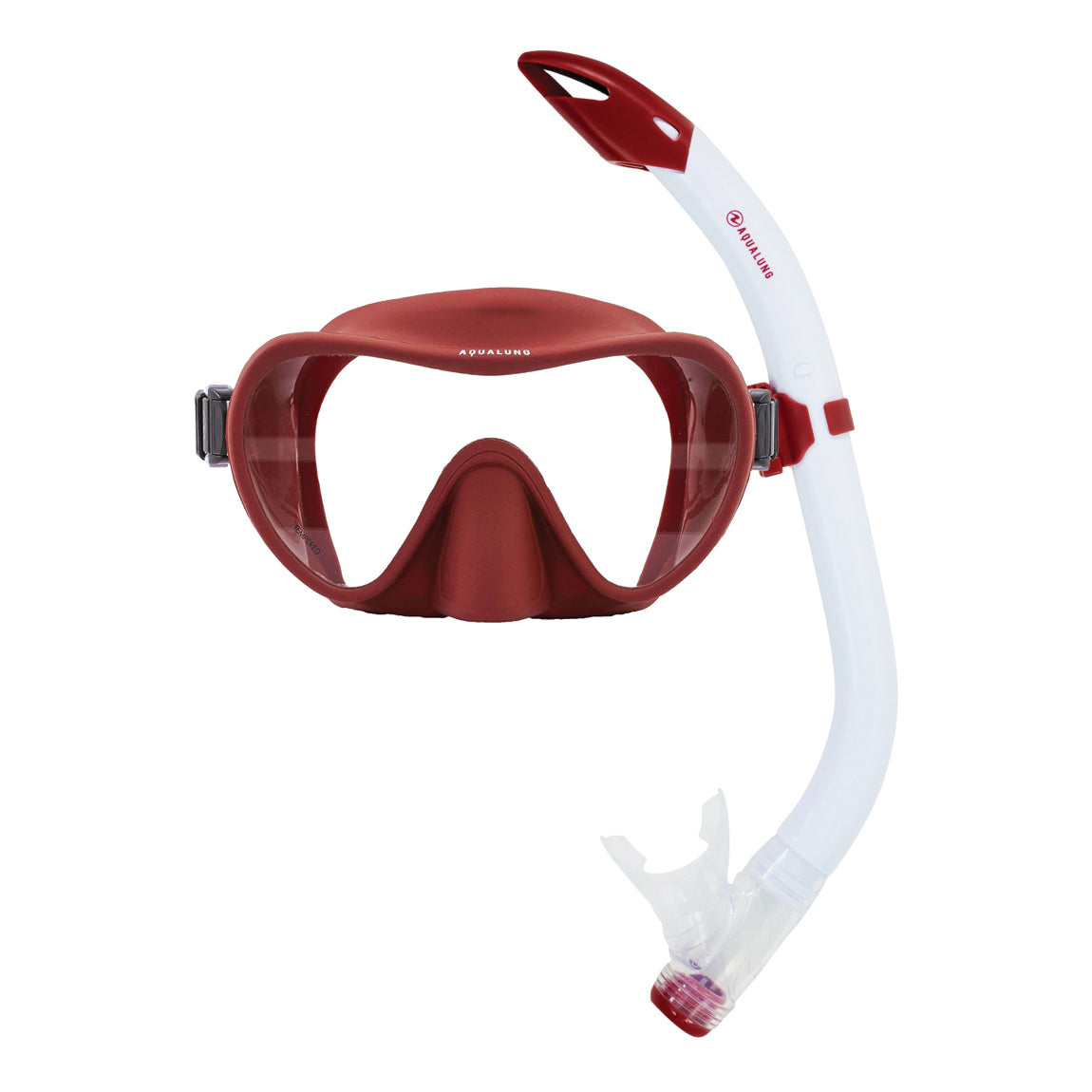 Aqua Lung Nabul frameless snorkelling mask in brick beside the white and brick Pike snorkel