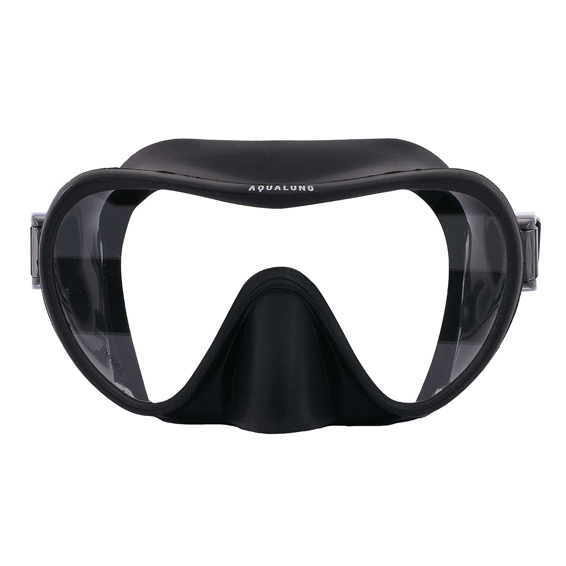 Aqua Lung Nabul frameless snorkelling mask in black, front view showing the single lens bonded to the skirt