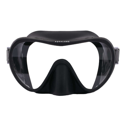Aqua Lung Nabul frameless snorkelling mask in black, front view showing the single lens bonded to the skirt