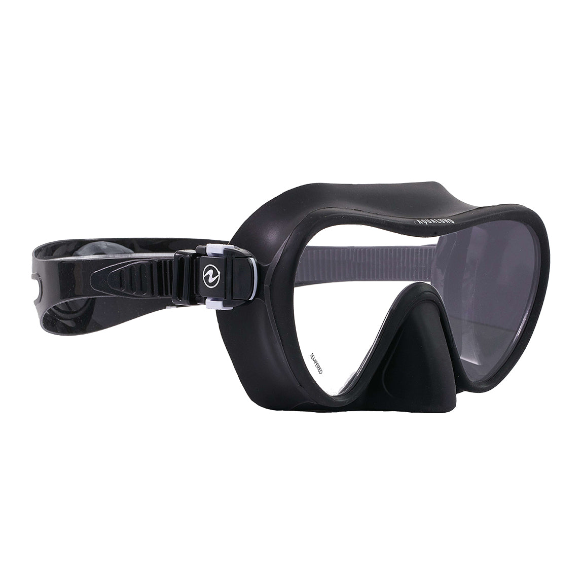 Aqua Lung Nabul snorkelling mask in black, three-quarter view showing the low profile of the frameless lens