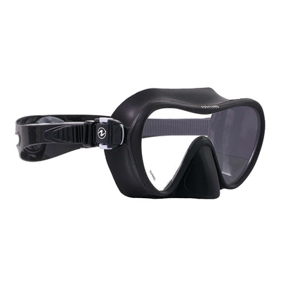 Aqua Lung Nabul snorkelling mask in black, three-quarter view showing the low profile of the frameless lens