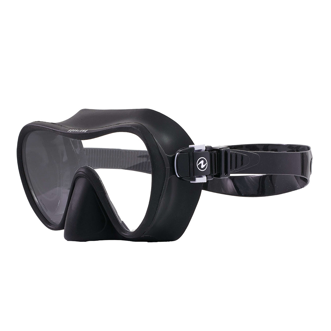 Aqua Lung Nabul snorkelling mask in black, opposite three-quarter view showing the buckle and strap mounting