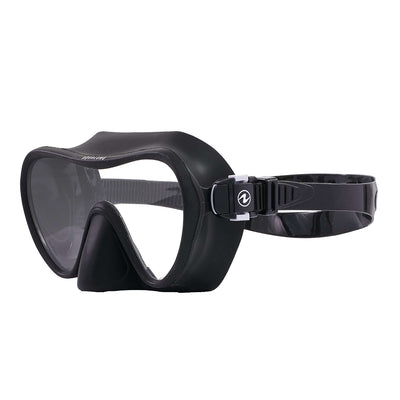 Aqua Lung Nabul snorkelling mask in black, opposite three-quarter view showing the buckle and strap mounting
