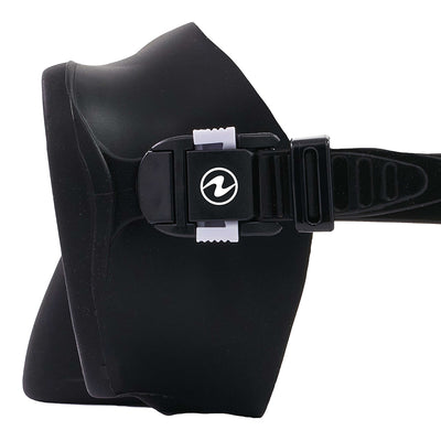 Aqua Lung Nabul snorkelling mask in black, side view showing how close the lens sits to the face